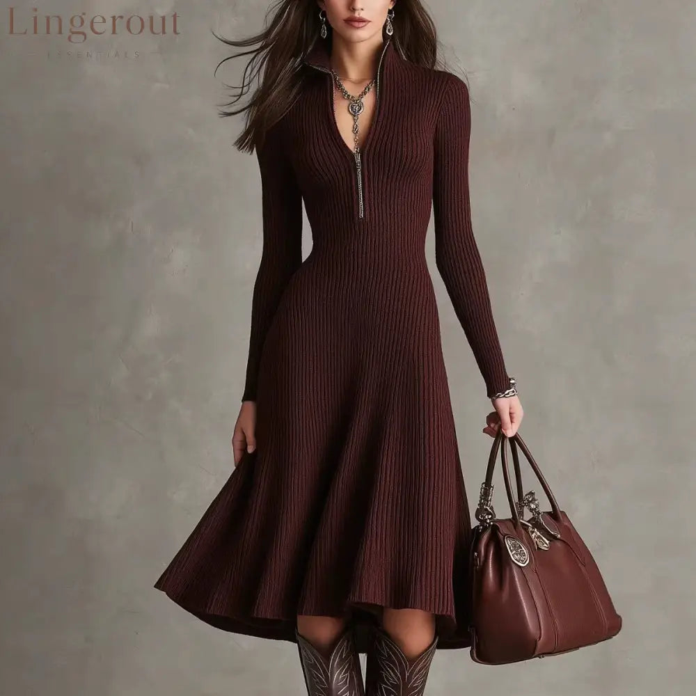 Half‑Zip Ribbed Knit Fit‑and‑Flare Midi Sweater Dress - Burgundy / S