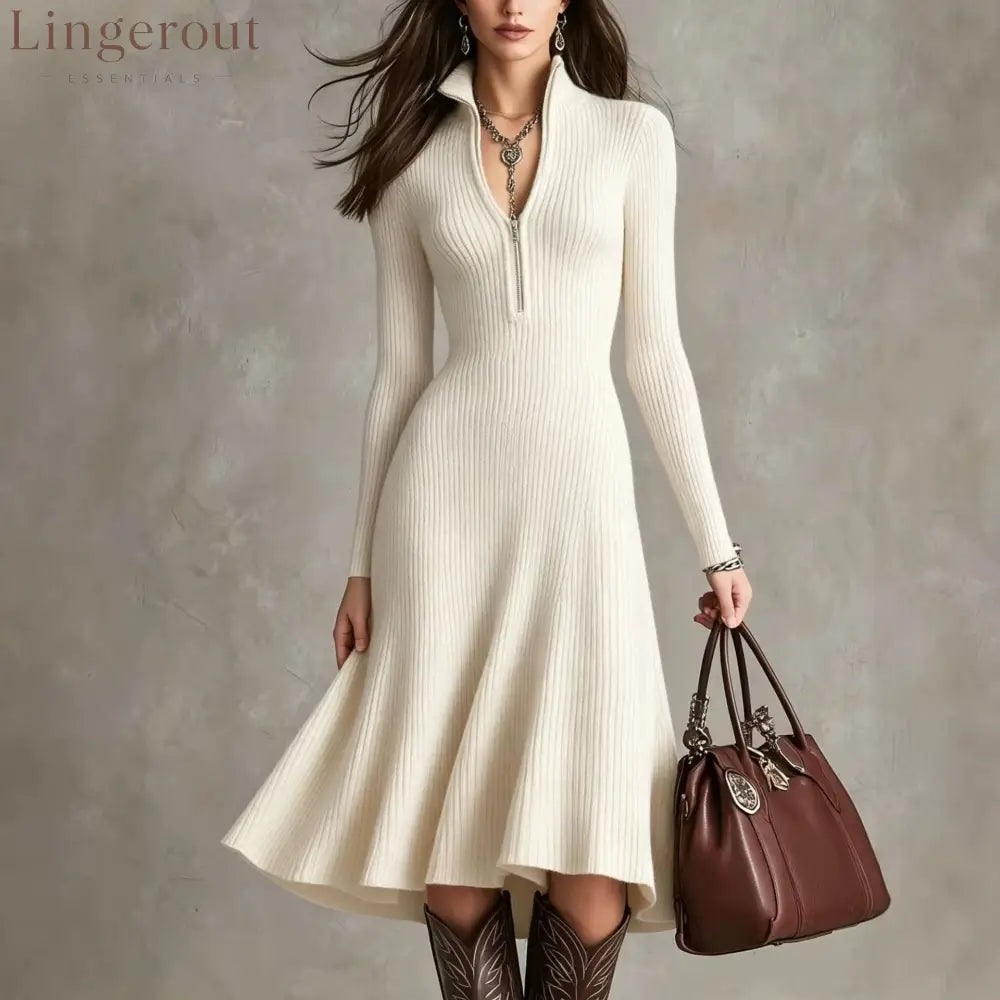 Half‑Zip Ribbed Knit Fit‑and‑Flare Midi Sweater Dress - White / S