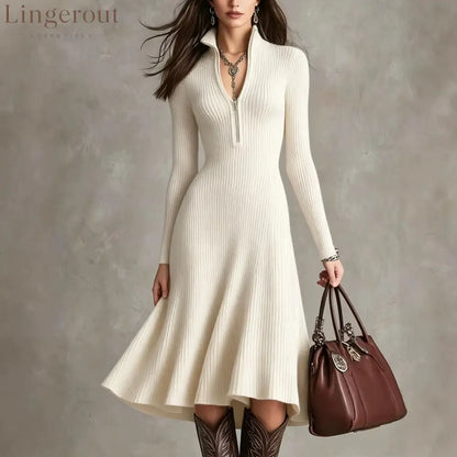 Half‑Zip Ribbed Knit Fit‑and‑Flare Midi Sweater Dress - White / S