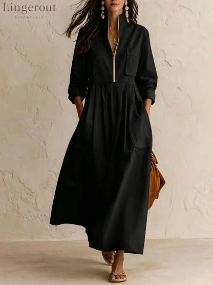 Half‑Zip Stand Collar Pocket Midi Maxi Dress - Black / S - Dresses