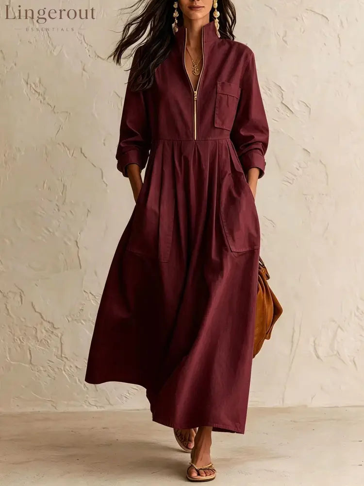 Half‑Zip Stand Collar Pocket Midi Maxi Dress - Burgundy / S - Dresses