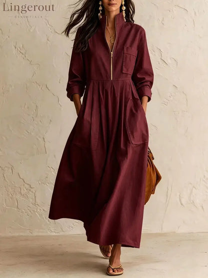 Half‑Zip Stand Collar Pocket Midi Maxi Dress - Burgundy / S - Dresses