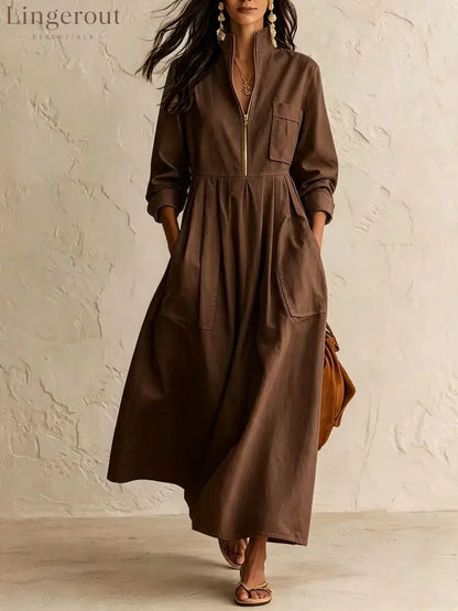 Half‑Zip Stand Collar Pocket Midi Maxi Dress - Dark brown / S - Dresses