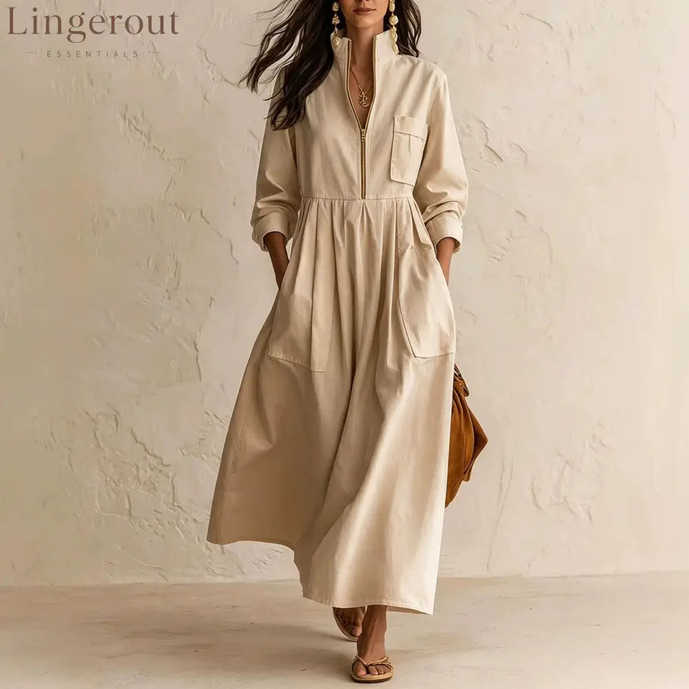 Half‑Zip Stand Collar Pocket Midi Maxi Dress - Dresses