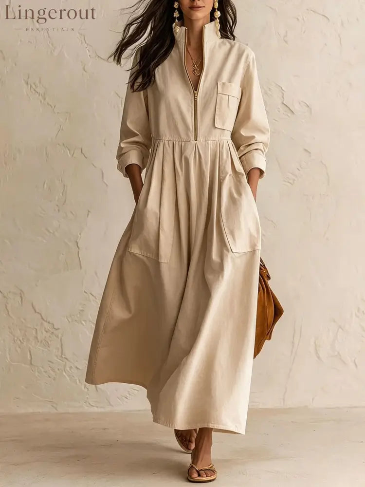 Half‑Zip Stand Collar Pocket Midi Maxi Dress - Khaki / S - Dresses