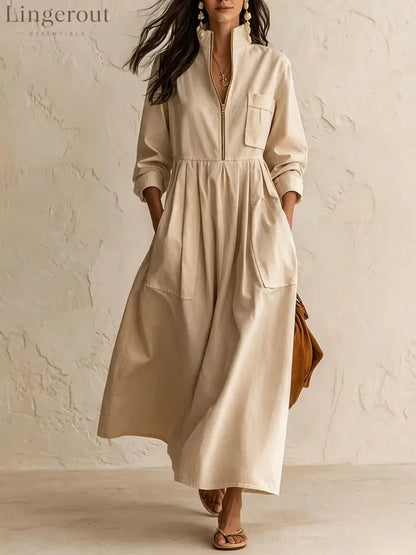 Half‑Zip Stand Collar Pocket Midi Maxi Dress - Khaki / S - Dresses
