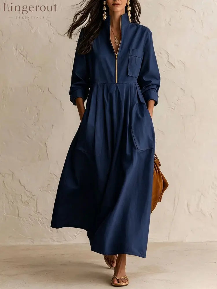 Half‑Zip Stand Collar Pocket Midi Maxi Dress - Navy blue / S - Dresses