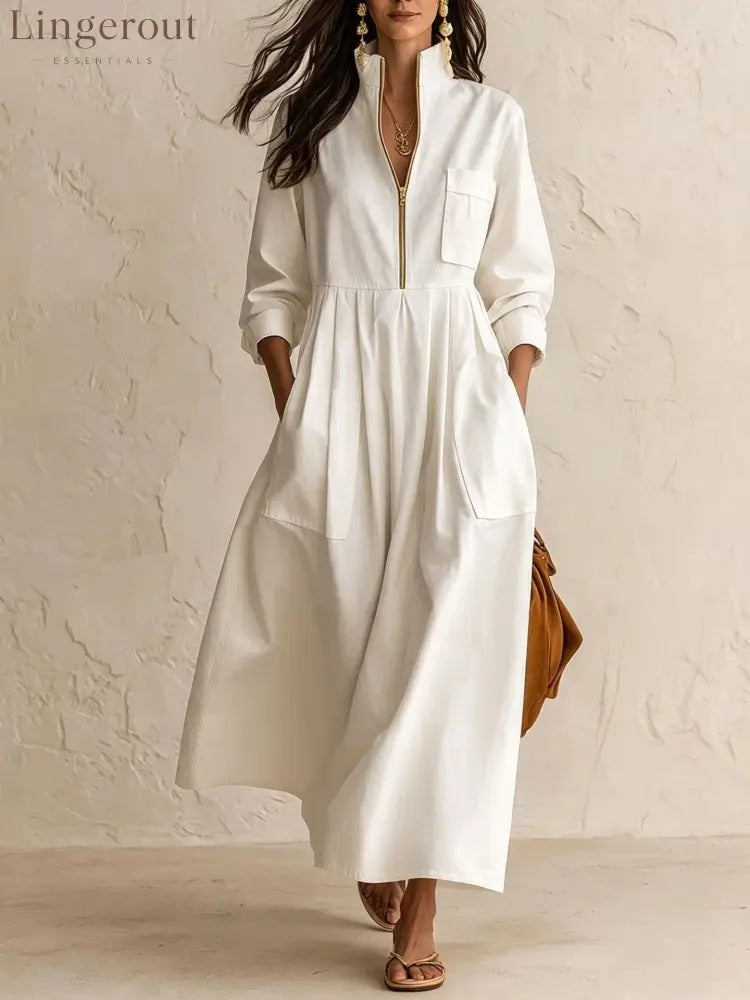 Half‑Zip Stand Collar Pocket Midi Maxi Dress - White / S - Dresses