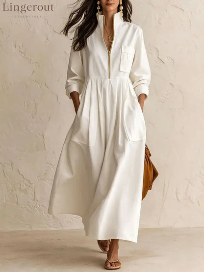 Half‑Zip Stand Collar Pocket Midi Maxi Dress - White / S - Dresses