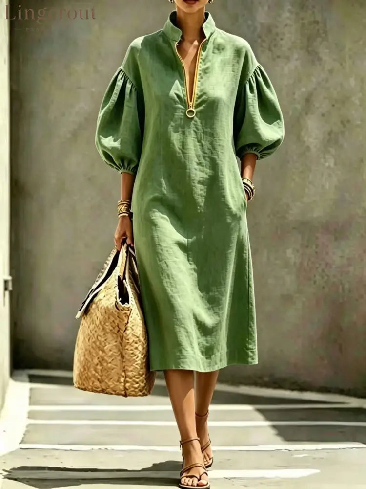 Half Zip Stand Collar Puff Sleeve Linen Midi Dress - Army green / S