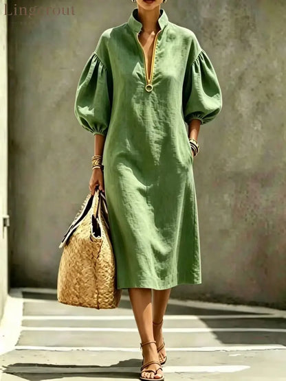 Half Zip Stand Collar Puff Sleeve Linen Midi Dress - Army green / S