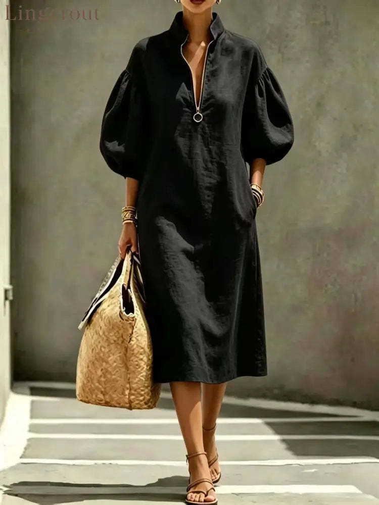 Half Zip Stand Collar Puff Sleeve Linen Midi Dress - Black / S