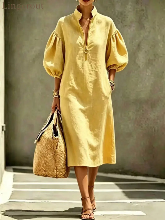 Half Zip Stand Collar Puff Sleeve Linen Midi Dress - Gold / S