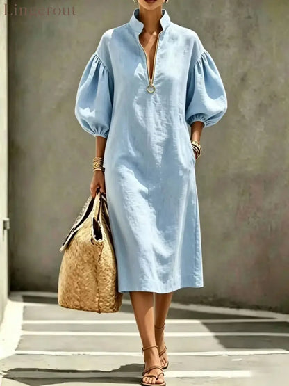 Half Zip Stand Collar Puff Sleeve Linen Midi Dress - Light blue / S