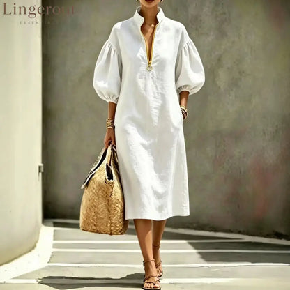 Half Zip Stand Collar Puff Sleeve Linen Midi Dress - White / S