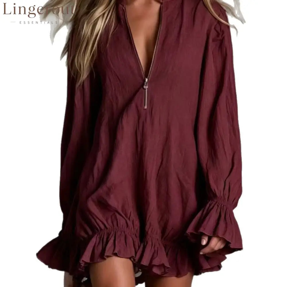 2026 Autumn New European And American Cross-Border Bohemian Style Ruffled Mini Skirt Zipper Long Sleeve Dress