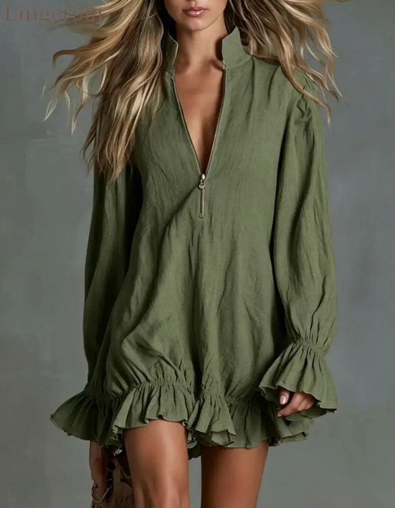 2026 Autumn New European And American Cross-Border Bohemian Style Ruffled Mini Skirt Zipper Long Sleeve Dress