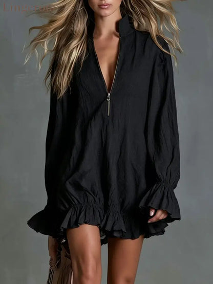 2026 Autumn New European And American Cross-Border Bohemian Style Ruffled Mini Skirt Zipper Long Sleeve Dress