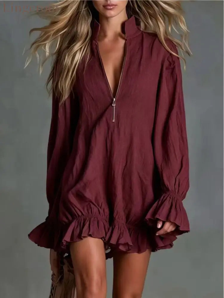 2026 Autumn New European And American Cross-Border Bohemian Style Ruffled Mini Skirt Zipper Long Sleeve Dress
