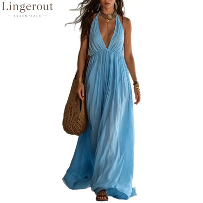 Halter Deep V Gathered Empire Waist Flowy Chiffon Maxi Dress