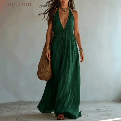 Halter Deep V Gathered Empire Waist Flowy Chiffon Maxi Dress