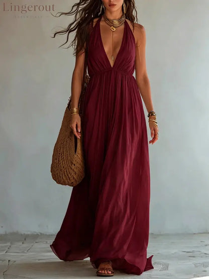 Halter Deep V Gathered Empire Waist Flowy Chiffon Maxi Dress - Claret / S
