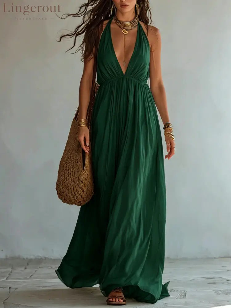 Halter Deep V Gathered Empire Waist Flowy Chiffon Maxi Dress - Green / S