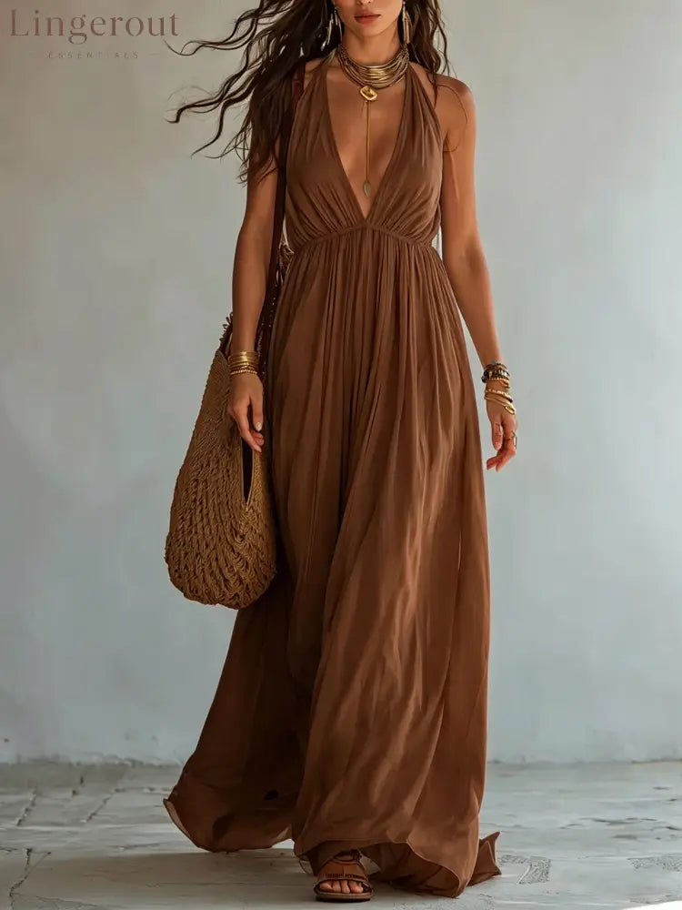 Halter Deep V Gathered Empire Waist Flowy Chiffon Maxi Dress - Light brown / S