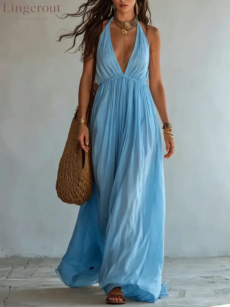 Halter Deep V Gathered Empire Waist Flowy Chiffon Maxi Dress - Sky blue / S
