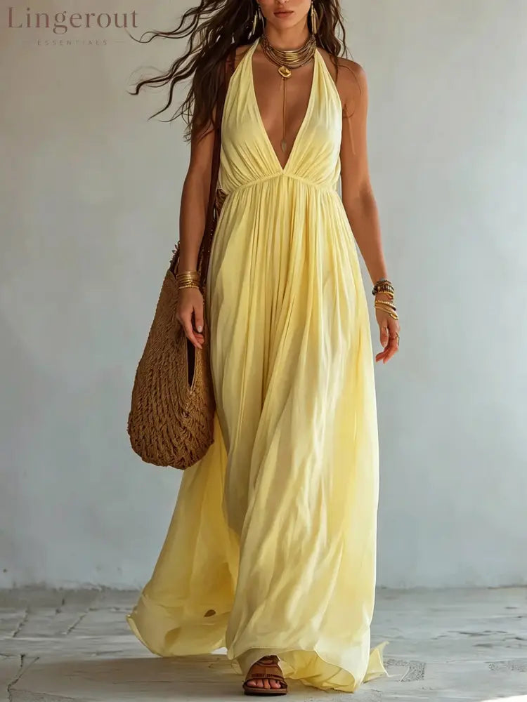 Halter Deep V Gathered Empire Waist Flowy Chiffon Maxi Dress - Yellow / S