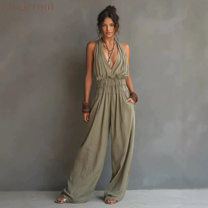 Halter Deep V Smocked Elastic Waist Wide Leg Palazzo Jumpsuit