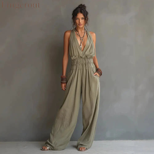 Halter Deep V Smocked Elastic Waist Wide Leg Palazzo Jumpsuit