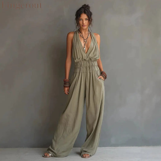 Halter Deep V Smocked Elastic Waist Wide Leg Palazzo Jumpsuit