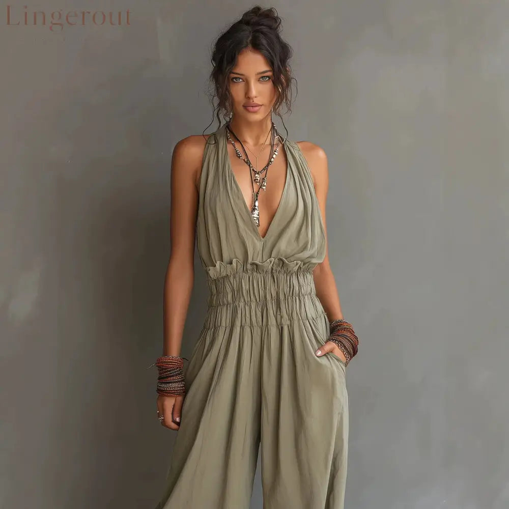 Halter Deep V Smocked Elastic Waist Wide Leg Palazzo Jumpsuit