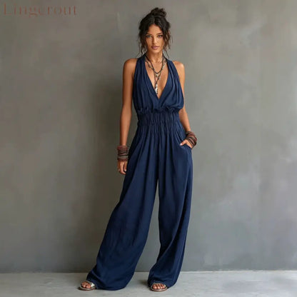 Halter Deep V Smocked Elastic Waist Wide Leg Palazzo Jumpsuit