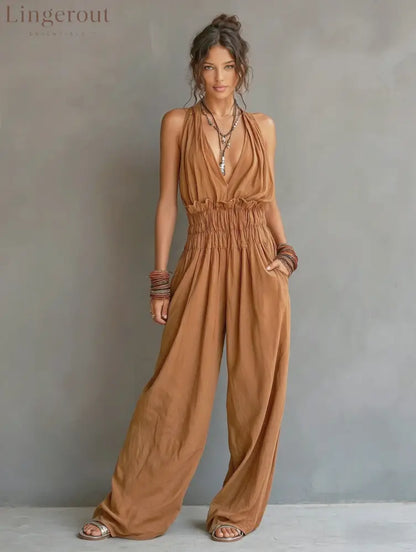 Halter Deep V Smocked Elastic Waist Wide Leg Palazzo Jumpsuit - Brown / S