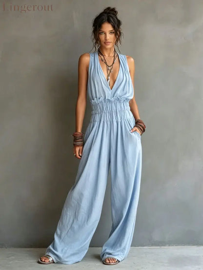 Halter Deep V Smocked Elastic Waist Wide Leg Palazzo Jumpsuit - Light blue / S