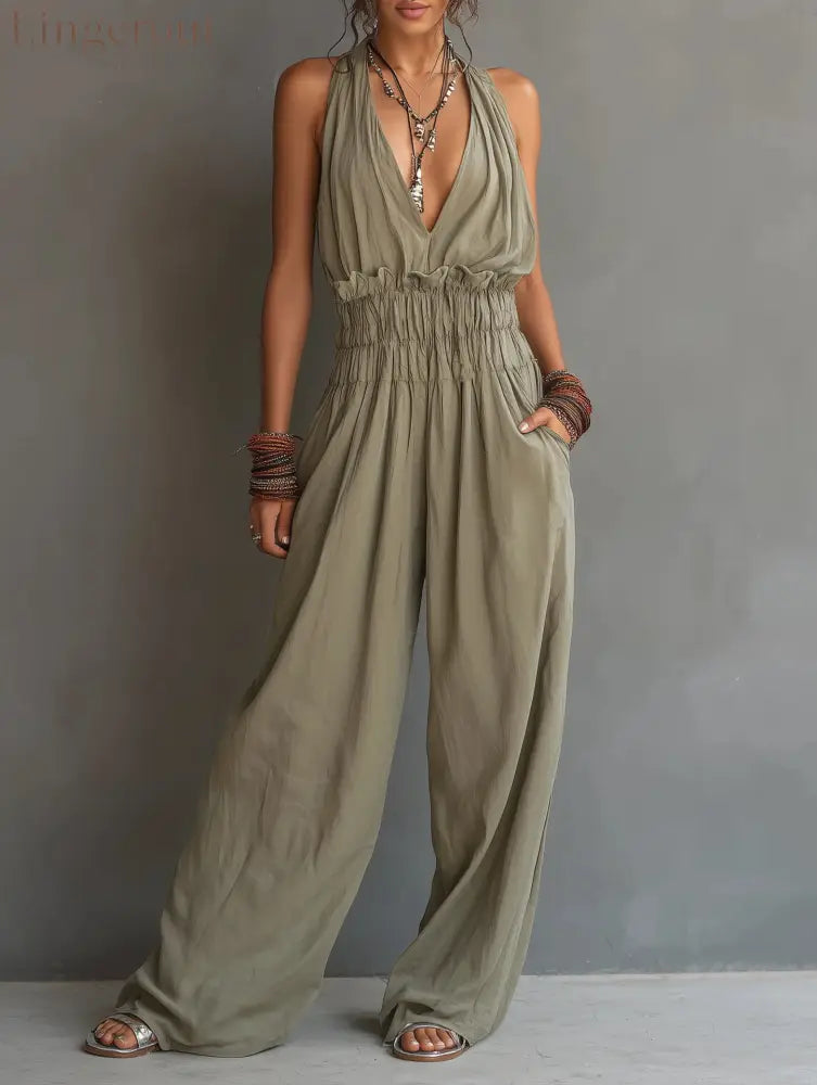 Halter Deep V Smocked Elastic Waist Wide Leg Palazzo Jumpsuit - Matcha color / S