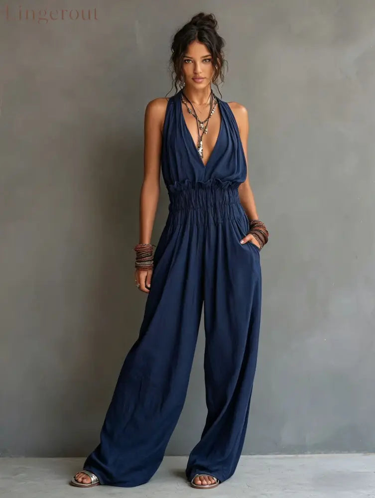 Halter Deep V Smocked Elastic Waist Wide Leg Palazzo Jumpsuit - Navy blue / S