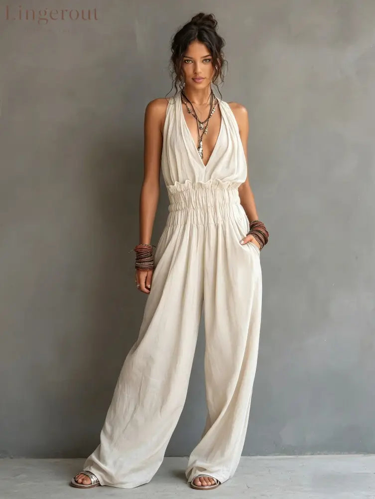 Halter Deep V Smocked Elastic Waist Wide Leg Palazzo Jumpsuit - White / S