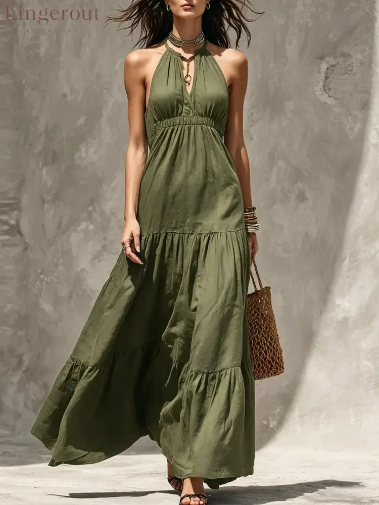 Halter Keyhole Neck Crinkled Tiered Maxi Dress - Army green / S