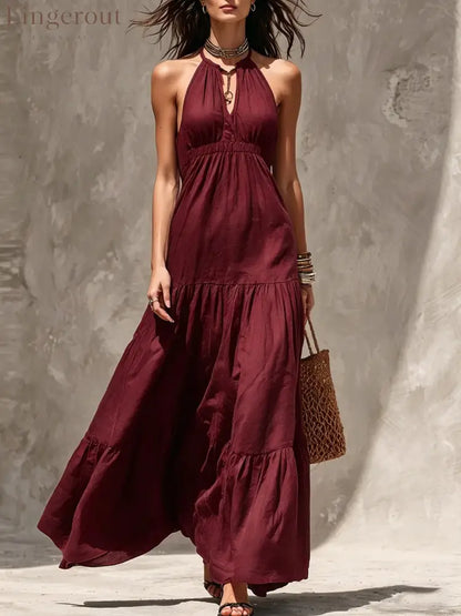 Halter Keyhole Neck Crinkled Tiered Maxi Dress - Claret / S