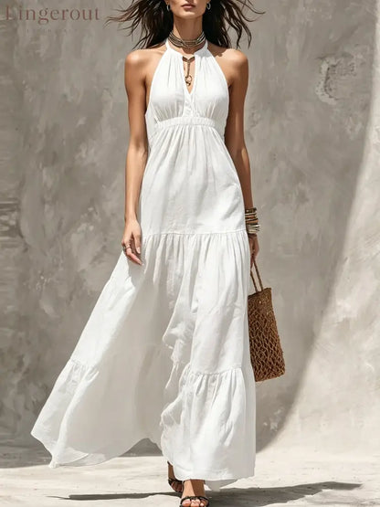 Halter Keyhole Neck Crinkled Tiered Maxi Dress - Pure white / S