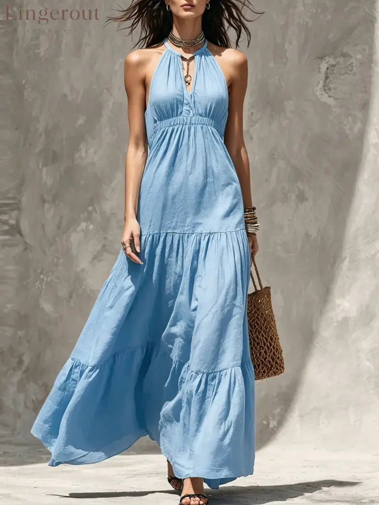 Halter Keyhole Neck Crinkled Tiered Maxi Dress - Sky blue / S