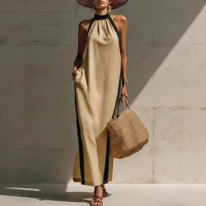 Halter Neck Contrast Trim Maxi Dress - Beige / S