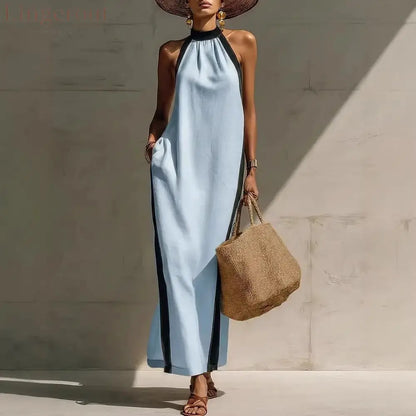 Halter Neck Contrast Trim Maxi Dress - Light blue / S