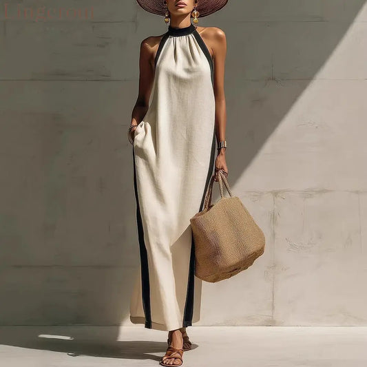 Halter Neck Contrast Trim Maxi Dress - White / S