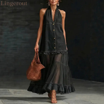 Halter Neck Denim & Tulle Tiered Maxi Dress