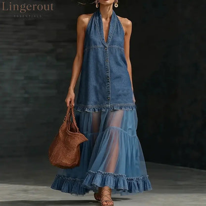 Halter Neck Denim & Tulle Tiered Maxi Dress