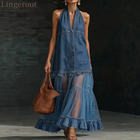 Halter Neck Denim & Tulle Tiered Maxi Dress